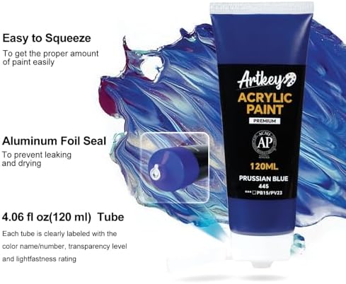 Artkey Acrylic Paint - Prussian Blue (120 ml/4.06 oz) Tubes, Rich & Vibrant Pigments, Professional Artists Acrylic Paints - Art Supplies for Canvas Wood Rock Clay Fabric Ceramics Art Crafts Painting