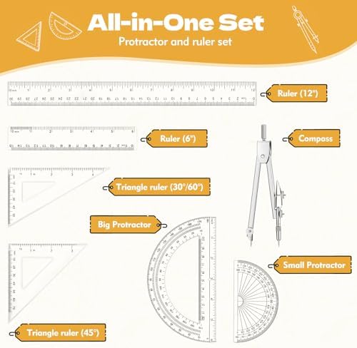 7Pcs Geometry Set-Clear Plastic Rulers,Triangle Ruler,Protractor,Compass | 12Inch & 6Inch Ruler Set for School Office Math Drawing Drafting Engineering Architecture Art