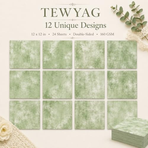 Vintage Scrapbook Paper Double Sided 12x12 Distressed Sage Green 24 Sheets