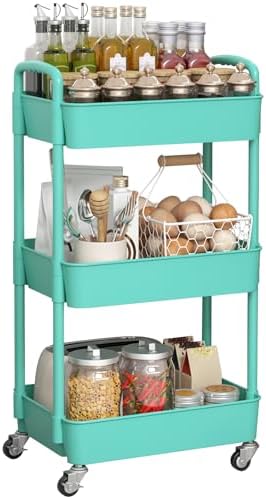 Sywhitta 3-Tier Plastic Rolling Utility Cart with Wheels for Storage, Green