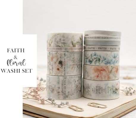 Bible Journaling Washi Tape Set for Women – 10 Rolls Floral Faith Theme Washi Tape with Scripture Verse & Christian Words, Decorative Tape for Planner, Prayer Journal Supplies (10)