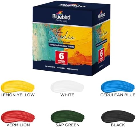 BLUEBIRD Studio Acrylic Paints, Primary Colors, 6-Pack 3.4 Fl Oz each, Basic Acrylic Paint For DIY Crafts & Beginner Artists