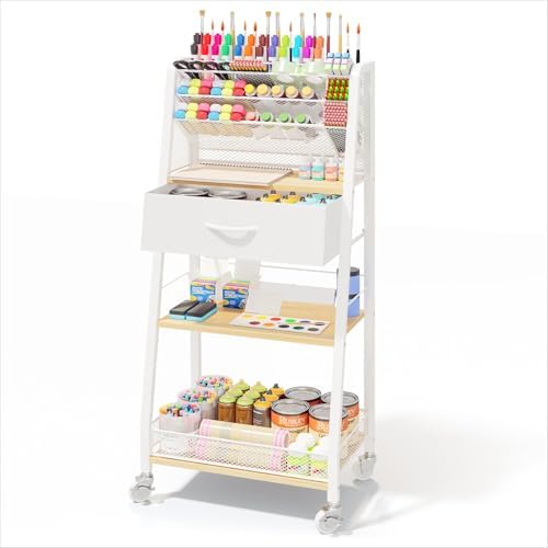 Homsorout 3 Tier Rolling Cart - Metal Utility Cart with Storage Drawer and Wheels, Versatile Art & Craft Organizer for Home, Office, or Studio - Ideal for Storing Brushes, Paints, and Supplies（Maple）