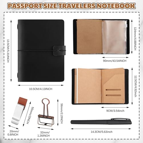 Thenshop Leather Travel Notebook 3 Inserts,Black,Passport Size