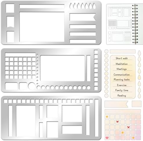 3 Pcs Record Template Metal Planner Stencils for Journaling 5.2X2.3 Inch Flexible Journal Template Stainless Steel Calendar Stencil for Weekly Spread Checklist Drawing DIY Crafts Supplies