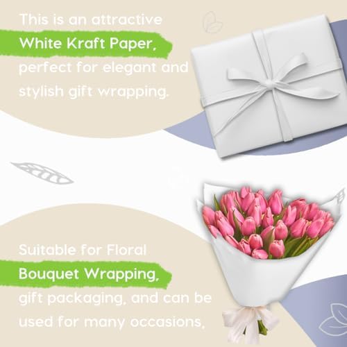 PerkHomy White Kraft Paper Roll 36" x 3,600" (300') for Gift Wrapping Bouquet Flower Art Painting Craft Writing Packaging Shipping 80GSM 55LB (White, 36" x 300')