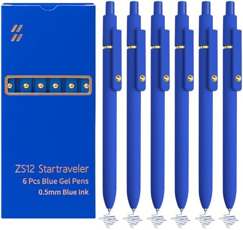 YOXMJDB 6 Pcs Blue Ink Pens for Journaling 0.5mm Fine Point Blue Gel Ink Pens, Smooth Writing Quick Dry Pens for Note Taking, Gift Set for Women & Men (6 Pcs Blue Gold)