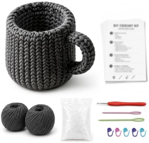 FACE N FACE DIY Crochet Coffee Mug Kit for Beginners – Handmade Yarn Cup Craft Set in Dark Gray with Yarn, Fiberfill & Step-by-Step Instructions – Easy Beginner Crochet Home Decor Gift for Adults