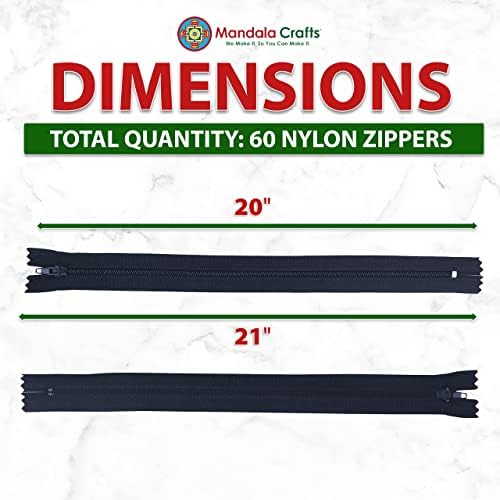 Mandala Crafts 60 PCs Navy Blue Closed-End 20 Inch Nylon Zippers for Sewing