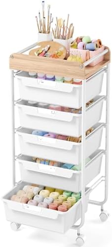 SYKIARIOL Rolling Cart with 5 Drawers,Art Craft Cart,White