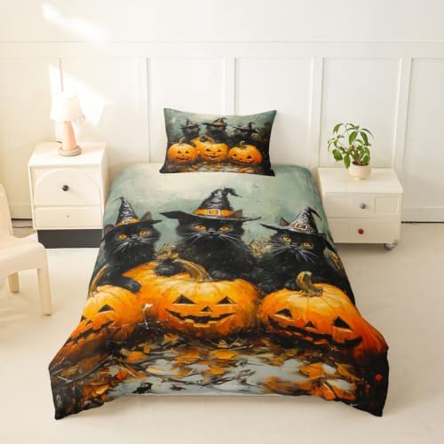 Erosebridal Halloween Black Cat Duvet Cover Twin Size Witch Hat Pumpkin Bedding Set for Kids Boys Girls Horror Halloween Comforter Cover Vintage Oil Painting Bedclothes Room Decor