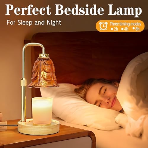XJZJY Amber Flower Candle Warmer Lamp with Timer, Birthday Gifts for Women | Dimmable wax melt warmer with 2 bulbs for jar candles, height adjustable, Amber tulip design, home decor, housewarming gifts