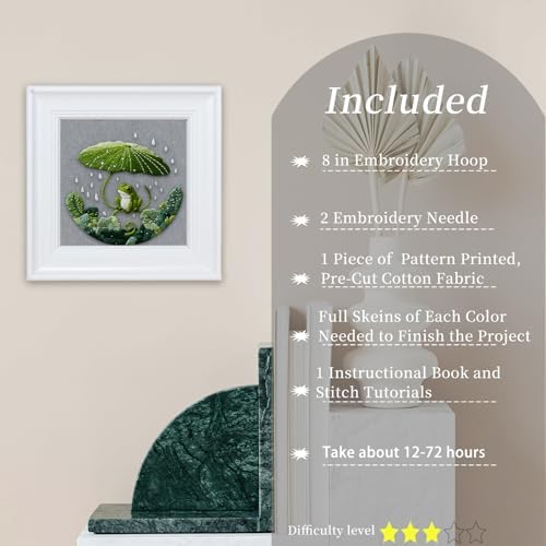 FONNUY Embroidery Kit for Beginners - Frog Under Lotus Leaf DIY Cross Stitch Set, Pre-Printed Fabric with 8’’ Hoop, Cute Rainy Day Art Craft for Adults, Home Decor & Handmade Gift (Green 03)
