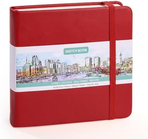 Hardcover Pocket Sketchbook, 5" × 5", 80 Sheets Small Sketch Book, Red