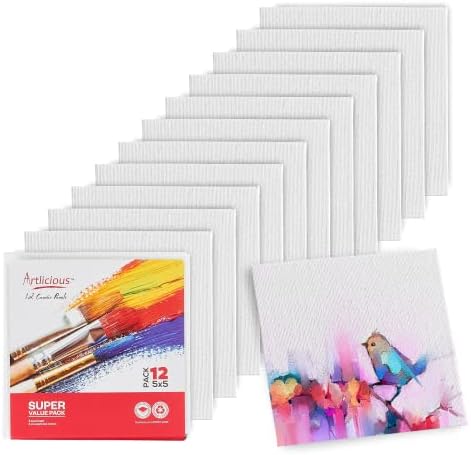 Artlicious Small Canvases for Painting - Pack of 12, 5 x 5 Inch Blank White Canvas Boards - 100% Cotton Art Panels Mini Canvas Bulk for Oil, Acrylic & Watercolor Small Canvas for Painting