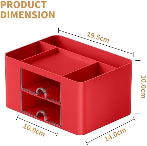 Marbrasse Pen Organizer with 2 Drawer, Multi-Functional Pencil Holder for Desk, Desk Organizers and Accessories with 5 Compartments + Drawer for Office Art Supplies (Red)