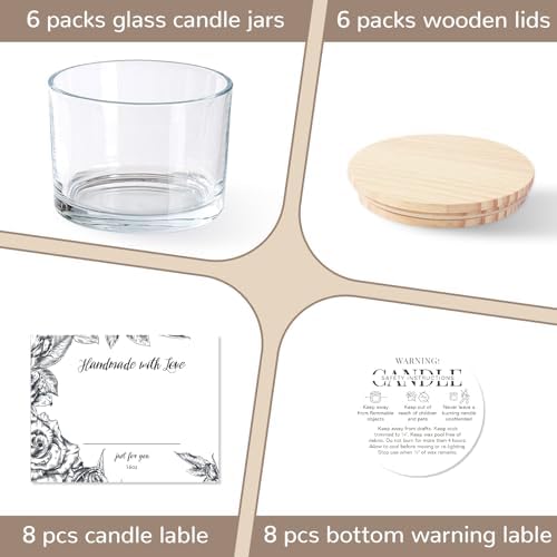 6 Pack Glass Candle Jars with Lids (16oz, Clear) - Large Candle Jars for 3 Wick Candles Making - Empty Candle Jars Containers - Candle Making Supplies Accessories include 16Pcs Candle Labels