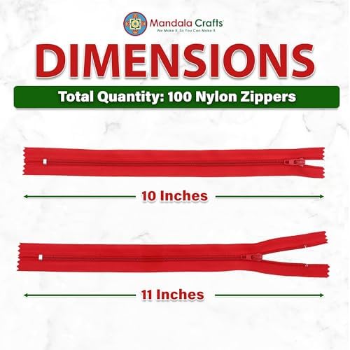 Mandala Crafts 100 PCs Red Closed-End 10 Inches Nylon Zippers for Sewing