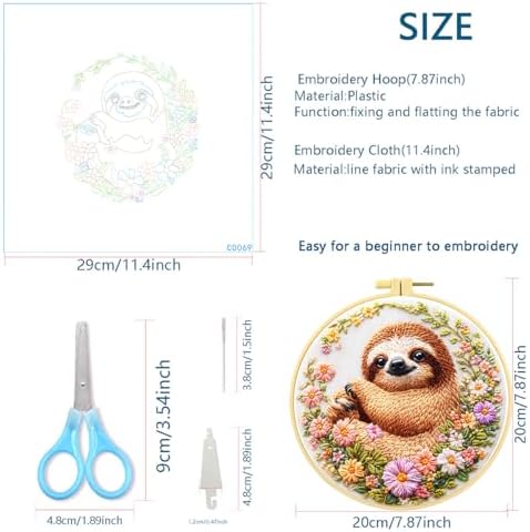 Zhenqing Sloth Embroidery Kit for Beginners, Cute Sloth & Floral Needlework Craft with Pre-Printed Cotton Fabric, Hoop, Threads & Tools, Boho Decor (C0069)