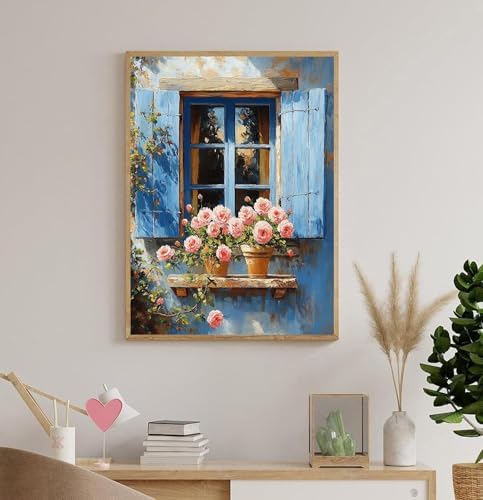 Accompany Wind Flowers Window Diamond Art Kits for Adults, 5D Window Scenery Diamond Painting Kits for Beginners,DIY Round Full Drill Diamonds Gem Art Crafts for Home Wall Decor Gifts 12x16 Inch