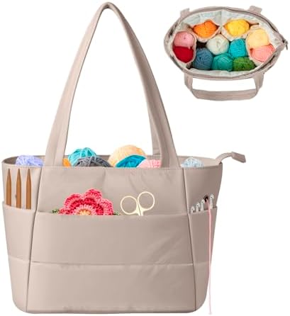 Crochet Bag for Yarn Storage, Puffer Knitting Bag with Soft Handles, Lightweight Yarn Storage Organizer with Zipper for Crochet Accessories, Gifts for Crocheters (Brown)