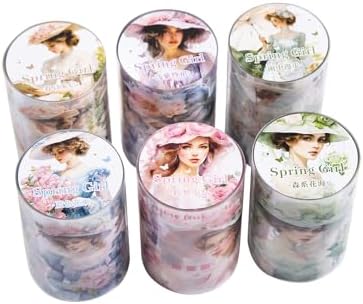Alideco 6pcs Decorative Adhesive Tapes European Floral Maiden PET Tape Great for Bullet Journal Supplies, Arts, Scrapbook, DIY Crafts, Planners (chunrishaonv)