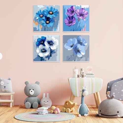 NEWENMO 4 Pack Paint by Numbers for Adults with Wooden Framed, Blue Flowers, Paint by Number Kits on Canvas for Beginner, DIY Acrylic Oil Painting Kits for Home Decor 8x8 inch, Beautiful Flowers