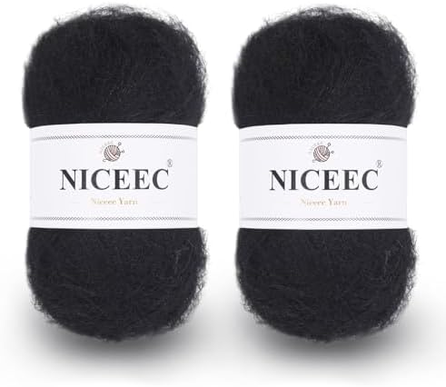 NICEEC 2 Skeins Long Pile Mohair Yarn 2.82oz/788yds - Black