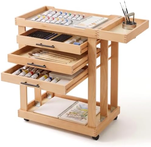 Art Supplies Storage Cart 5-Tier Solid Beech Wood 3 Drawers 4 Rolling Wheel