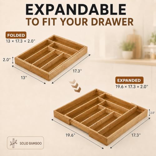 Bamboo Expandable Silverware Drawer Organizer, Utensil Tray