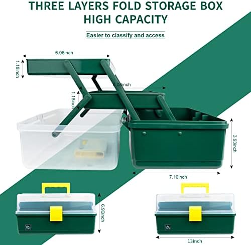 Creahaus 13 inch Art Craft Organizer Storage Box with 3 Layer, Multipurpose Plastic Tool Box with Handle for Sewing, Art Supply, Medicine, Nail, Hair Accessories (Dark Green)