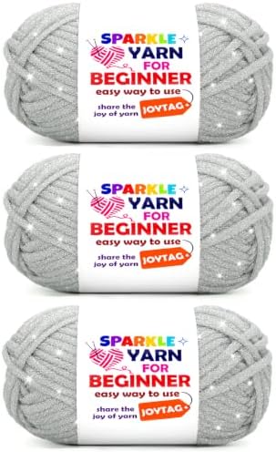 3 Pack Silver Grey Sparkle Yarn for Crocheting and Knitting,Silver Grey Metallic Glitter Crochet Knitting Yarn for Beginners with Easy-to-See Stitches Easy Yarn for Beginners Crochet Kit(3x50g)