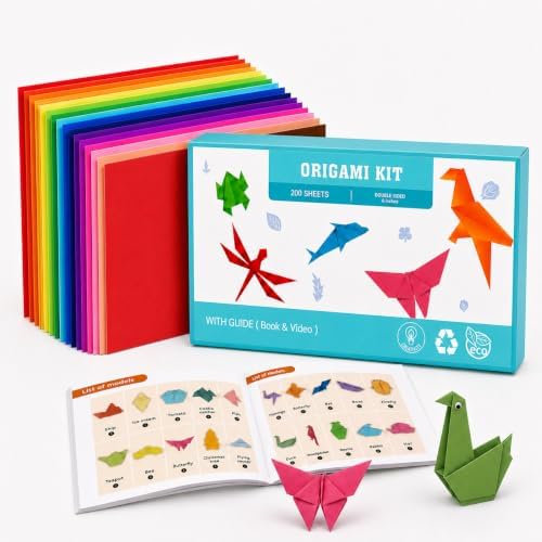 Origami Paper Kit 200 Sheets 6x6 Inch Colored Craft Paper with Guide | Double Sided,Step-by-Step Guide,Multi Colors,No Fading Paper,Clean Crisp Folds,Perfect for Beginner,Kids,School,Craft Gift