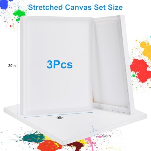 Stretched Canvas for Painting 16 x 20 Inch, 3 Pack Blank Canvas, Triple Primed Acid-Free Cotton, Canvas for Acrylic Oil Pouring & Wet Media