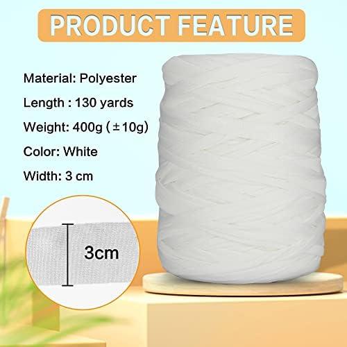 400g T-Shirt Elastic Fabric Crochet Cloth Yarn for DIY Knitting, 130 Yards Spaghetti Thick Knitting Yarn for Hand DIY Bag Basket Cushion Crocheting Projects Home Decor (White)