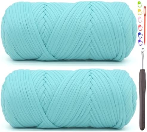 2 Pack Tshirt Yarn for Crocheting,Aqua BlueT Shirt Chunky Elastic Fabric Thick T-Shirt Crochet Yarn for Beginners Crocheting Hand Knitting Bag/Basket/Coasters/DIY Crafts/Home Decor 2 * 200G(Aqua Blue