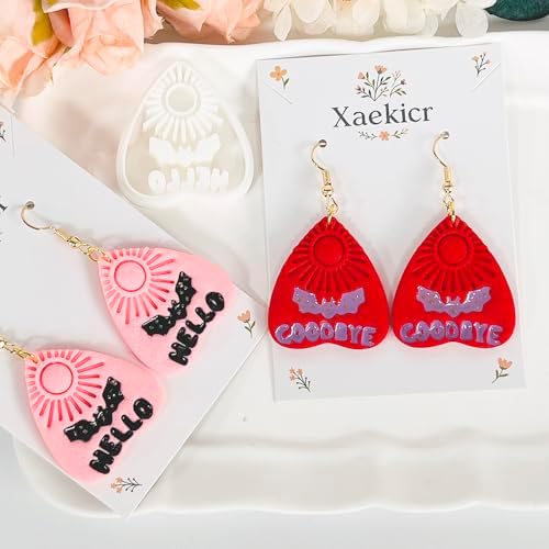 Xaekicr Halloween Clay Earring Cutters - Planchette Style Polymer Clay Cutters with Text & Bat Design, Clay Tools for DIY Jewelry Making