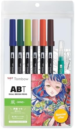 Tombow 72562 Dual Brush Pen Art Markers, Manga Illustration, Wind 6-Pack