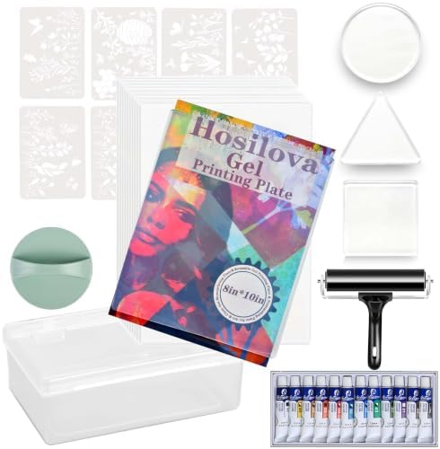 8" X 10" Gel Plate with 3inch Small Pack Round Triangel Square Gel Print Plate, Reusable Gel Printing Plate Set with Acrylic Paint,Paper, Stencil,Storage Box,Roller and Baren for Art Card Making