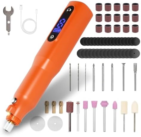 Cordless Rotary Tool Kit - 9-Speed Adjustable with USB Charging | Multi-Purpose Engraving Pen for Sanding, Polishing, Drilling & DIY Crafts | Includes 3D Printing Accessories (Orange with Light)