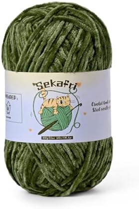 Fuzzy Chenille Yarn for Crocheting, Fluffy Amigurumi Crochet Yarn for DIY Craft/Hat/Shoes, (100g/197yds) Soft Velvet Baby Blanket Yarns（Army Green）