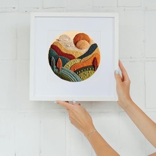 FONNUY Embroidery Kit for Beginners, Textured Vibrant Nature Landscape Pre-Stamped Pattern Kits for Adults with Hoop, Easy to Follow Color Thread Needlework, 8'' Hoop (Green 2)