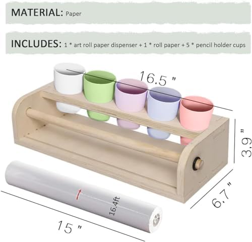 Kids Tabletop Paper Roll Dispenser with Paper Rolls (15"" x 16.4ft) and 5 Pencil Holder Cups Portable Art Painting Easel for Kids to Doodle Draw Play