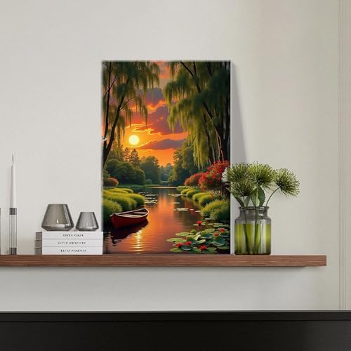 JOOZ Landscape Paint by Numbers Kit for Adults with Frame Sunset Paint by Number with Easel Boat Adult Paint by Number Kits Framed Canvas Boat Oil Painting Kits for Home Wall Decor 8x12 Inch