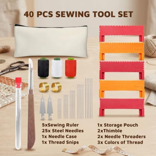 Clip-On Sewing Ruler Set, 2/3/4/5/6mm Stitch Guide Sewing Gauge for Straight Edge Stitching, Hemming & Quilting, 40 PCS Sewing Accessories for Fabric Crafts and DIY Sewing