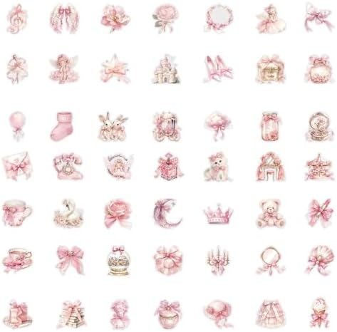 50pcs Pink Flowers Stickers Scrapbook, Self-Adhesive Waterproof Vinyl Sticker for Laptops, Aesthetic Decor Journal Stickers Planner Accessories for Luggage, Water Bottles
