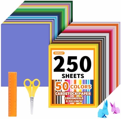 250 Sheets 8.5" X 11" Colored Cardstock, 50 Assorted Colors 180 GSM/65 LB Construction Paper, Craft Set with Scissors and Ruler, Printer Paper for Scrapbooking, DIY Crafts and Decorations