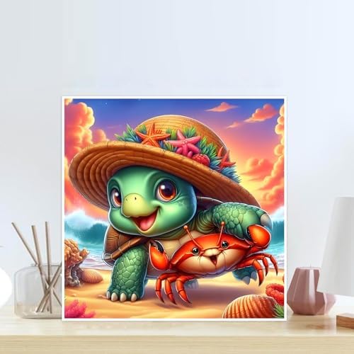 Sea Turtle Beach Diamond Painting Kits for Adults, Adorable Animal Diamond Art Kits for Beginners, 5D DIY Full Drill Round Diamond Dots Gem Arts and Crafts Suitable for Home Wall Decor 14 × 14 Inch