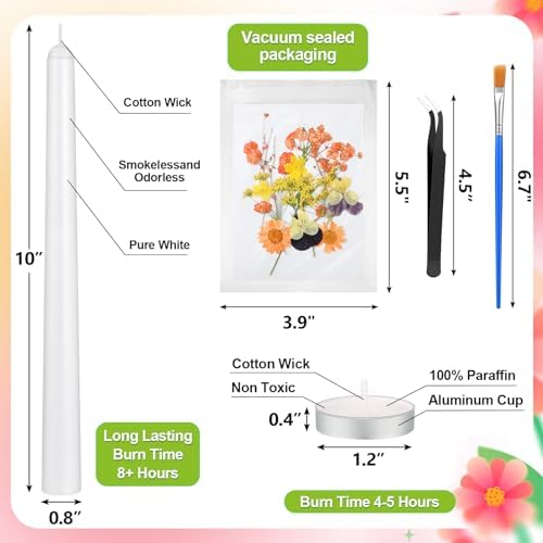 MTLEE 30 Pack Pressed Flower Candles Making Kit 6 Set Dried Pressed Flowers 12 White Taper 10 White Tealight Candles with Tweezers Brush for DIY Crafts Birthday Wedding Party Favors