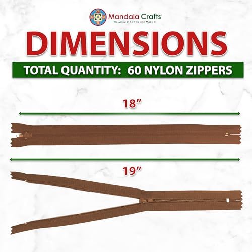 Mandala Crafts 60 PCs Brown Closed-End 18 Inches Nylon Zippers for Sewing